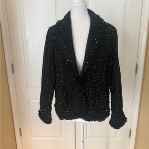 Classy Black, White & Light Pink Tweed Blazer with ruffle edges throughout!